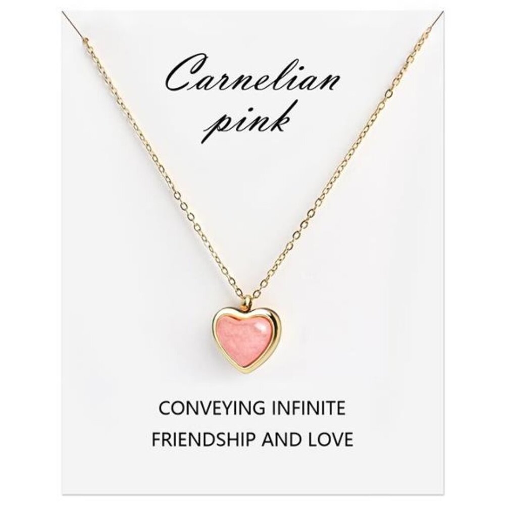 Pink Heart Carnelian Necklace for Women, Stone Heart Pendant Necklaces for Teen